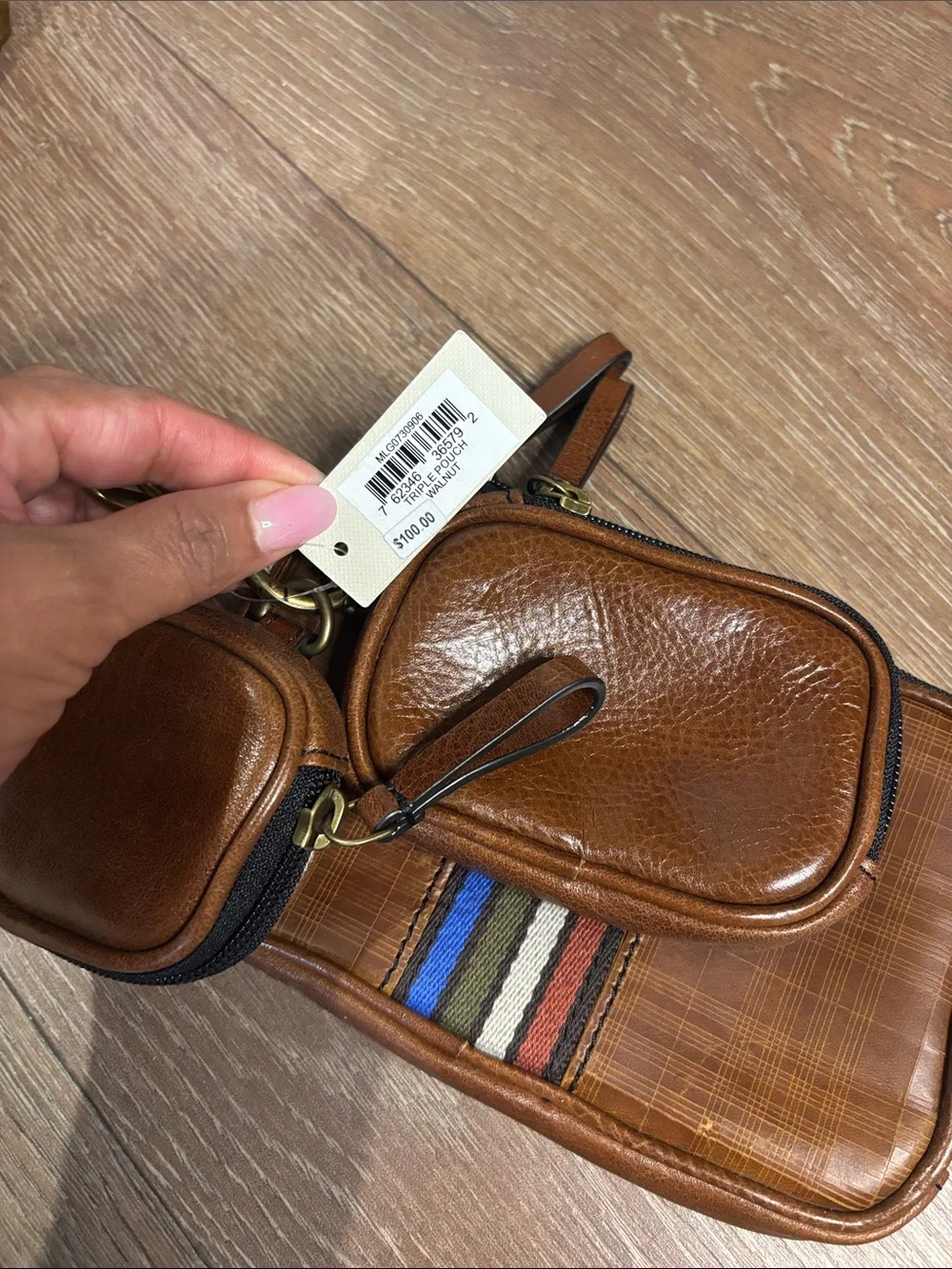Fossil Brown Leather triple pouch set Organizer with Striped Accent